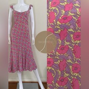 Vintage 100% silk poppy floral on/off shoulder ruffle strap dress